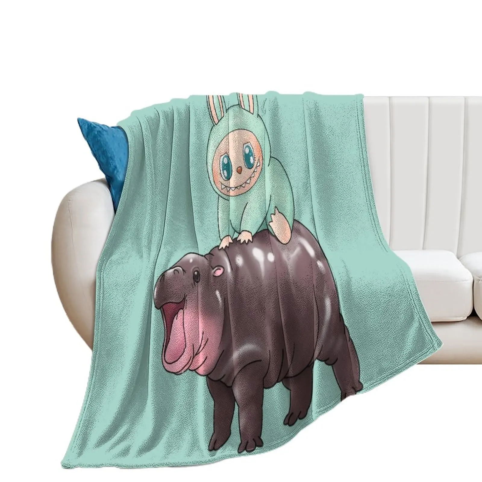 Labubu Riding Moo Deng Macaron Green Ququ Cute Throw Blanket anime Bed Fashionable Blankets