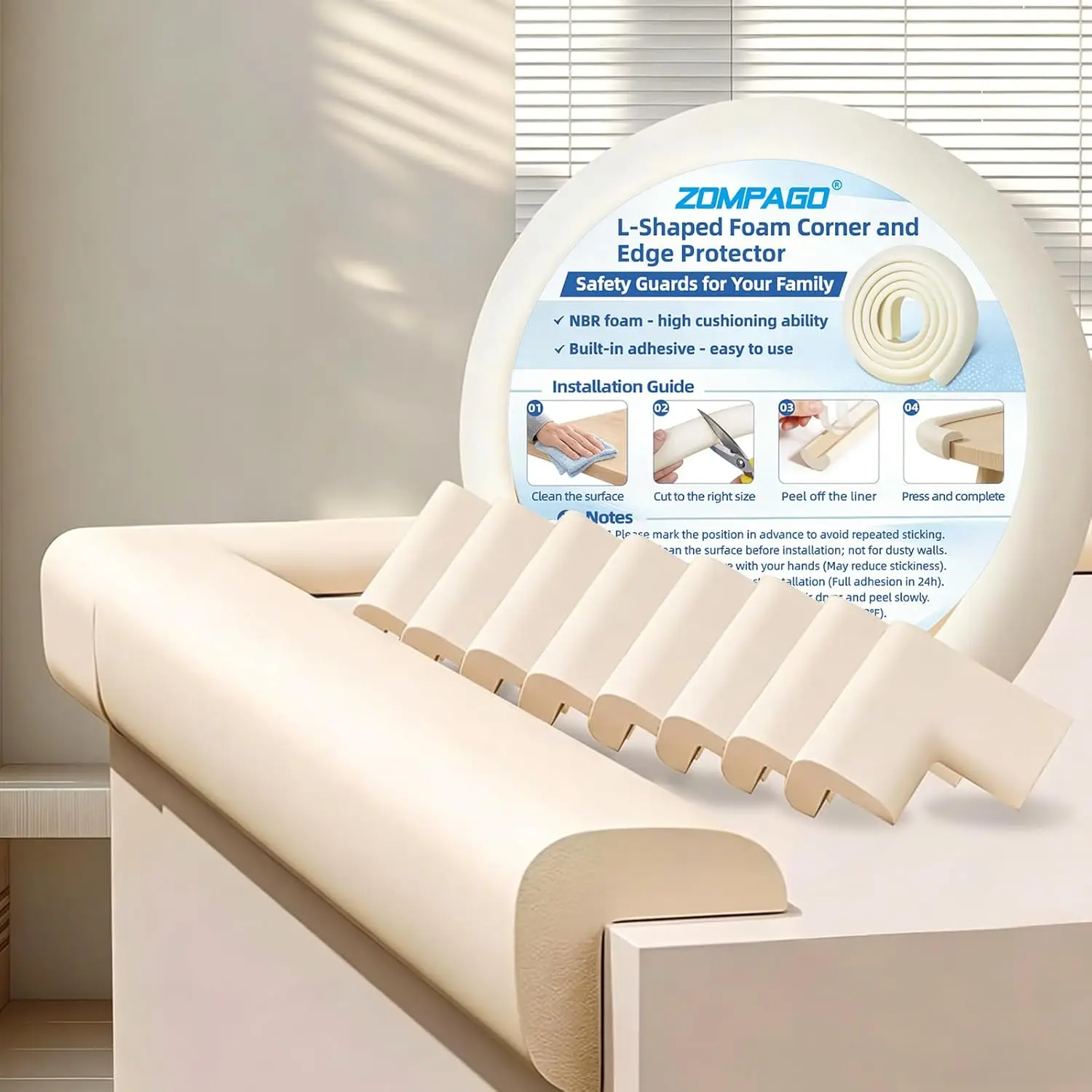 

L-Shape Foam Corner Guards, 8 Pack Self-Adhesive Edge Protectors for Baby Safety, High-Density NBR, Bendable & Cuttable