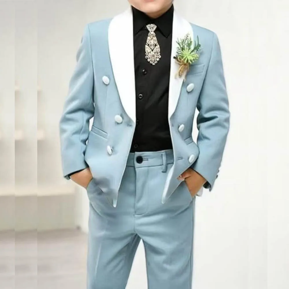 

Double Breasted Sky Blue Children's Clothing Shawl Lapel Regular Length Slim Fit 2 Piece Jacket Pants Wedding Costume Boys Suits