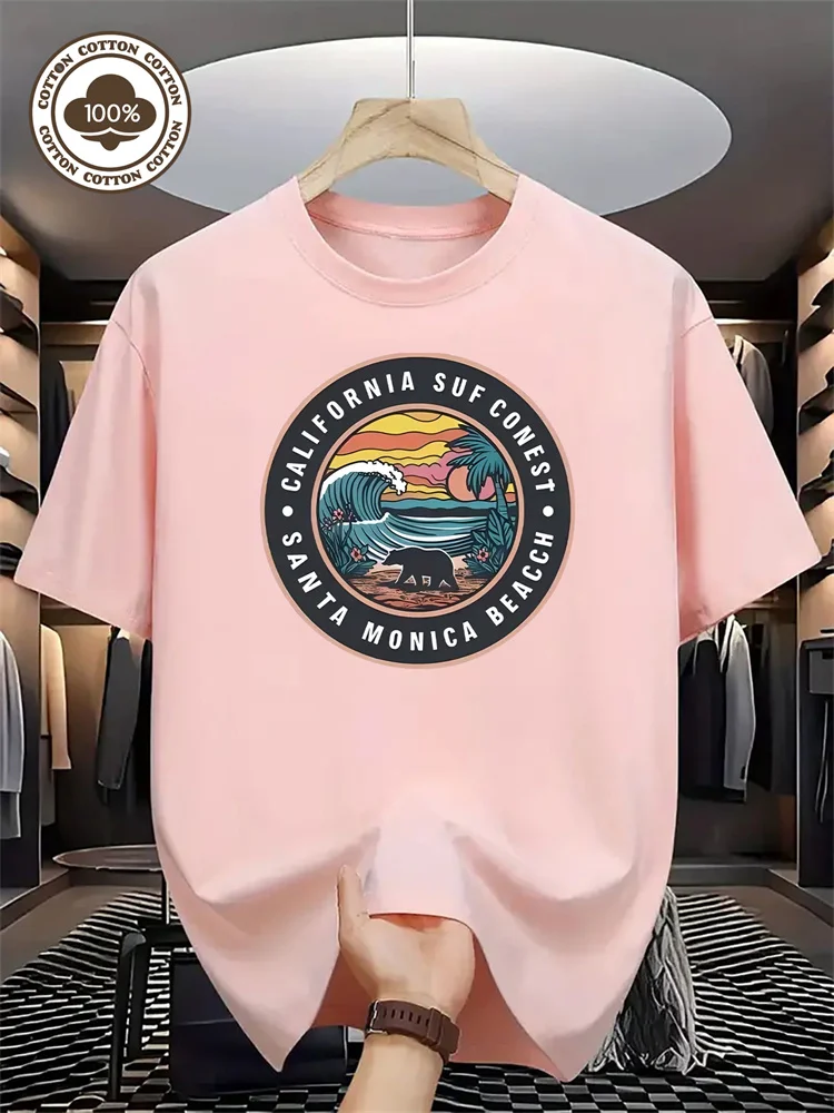 الرجال القطن الخالص قصيرة الأكمام كاليفورنيا تصفح المنافسة سانتا مونيكا الشاطئ نمط تي شيرت مطبوع للاستخدام في الهواء الطلق S-2XL