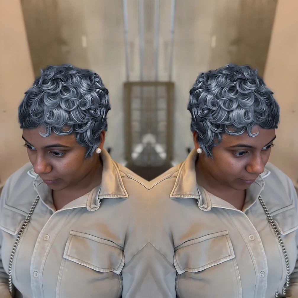 

Серый Chioma Curly Pixie Cut Machine Сделай парик 150% Плотность человеческих волос Remy