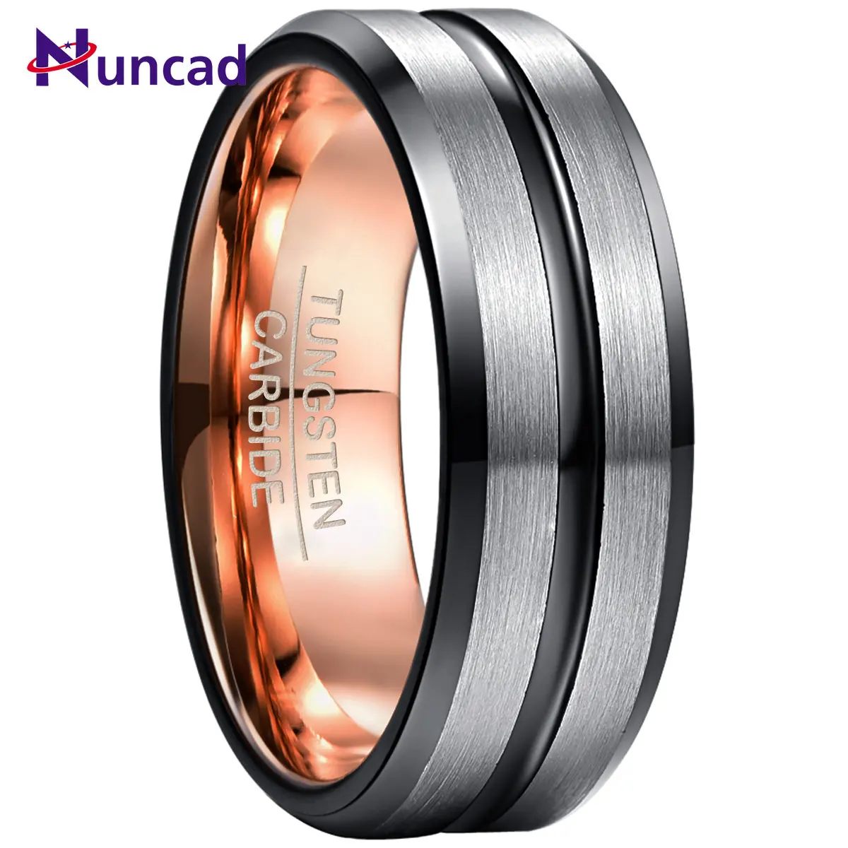 NUNCAD 8mm Tungsten Carbide Ring Black Bevel Groove/steel Frosted Surface Tungsten Steel Ring Electroplated RoseGold Inner Ring