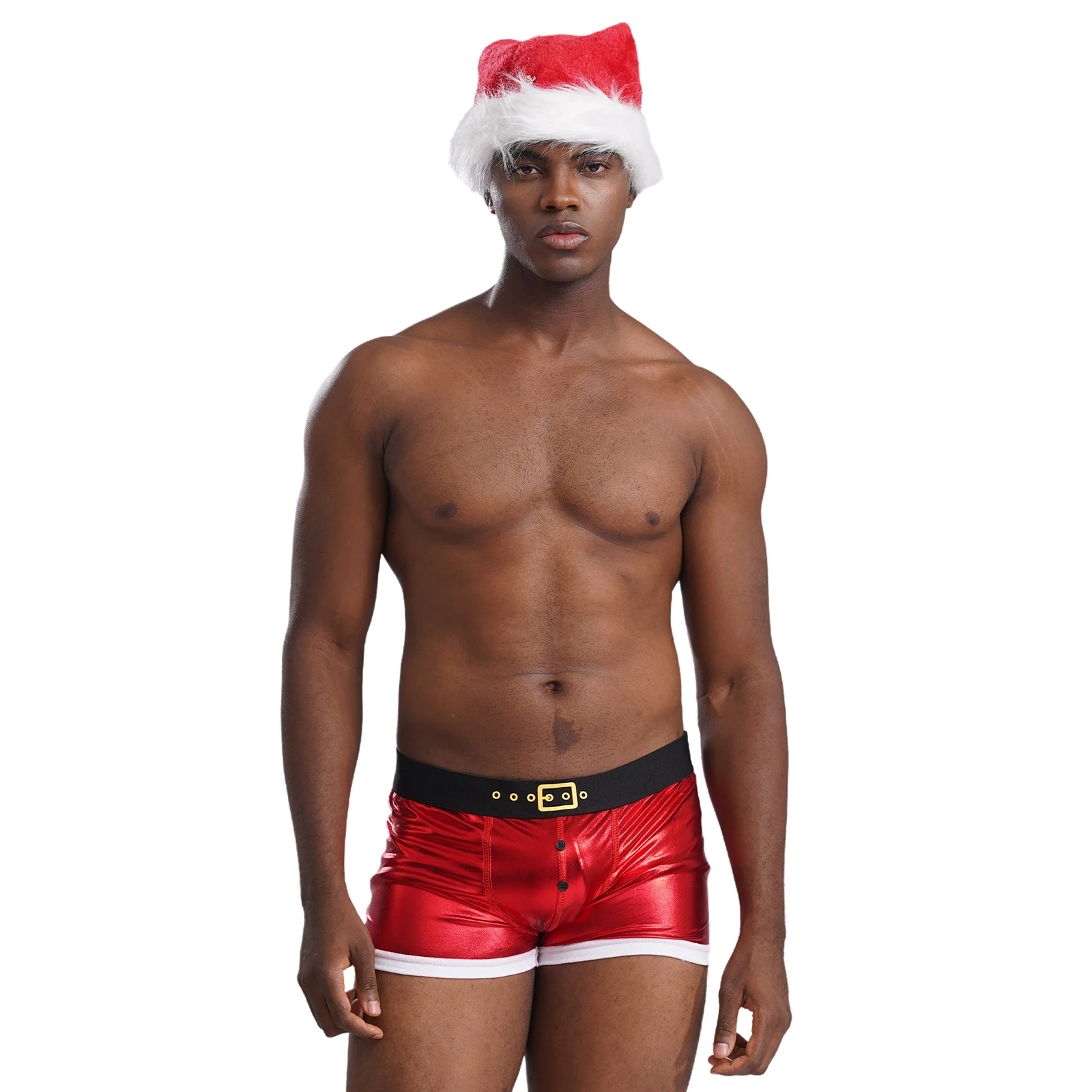 Männer Weihnachten Kostüm Sexy Dessous Set Elastischer Bund Santa Claus Boxer Briefs Shorts mit Hut Karneval Weihnachten Party Clubwear – Detail 7