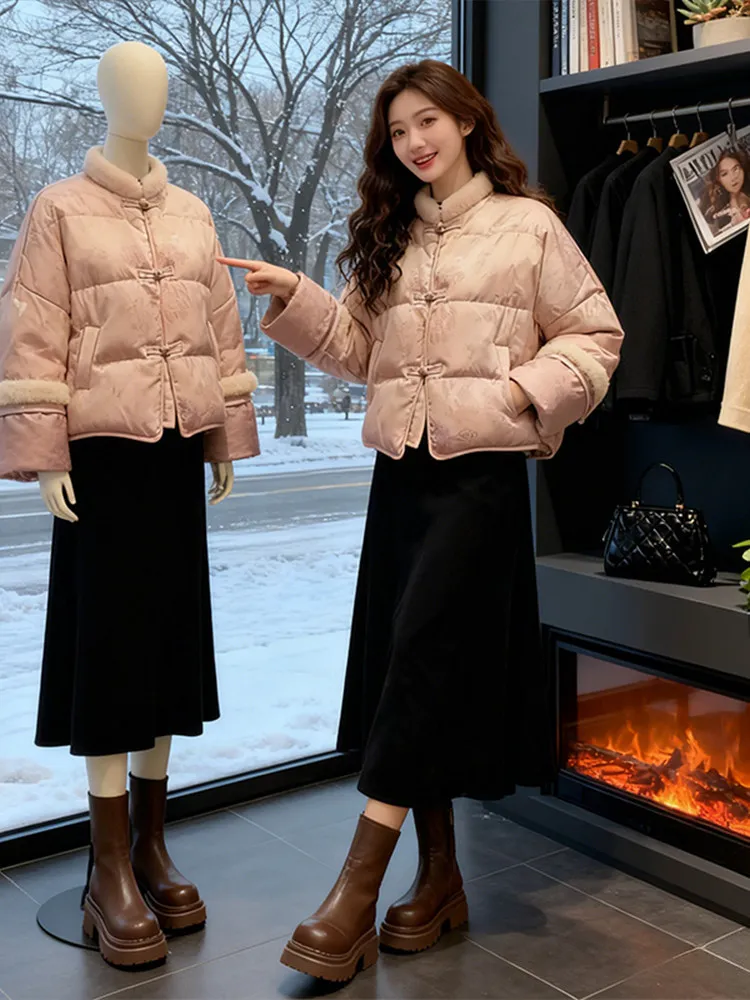 

Ele Chinese Sle Women's Winter Faion Set with Buttoned Cotton Jaet And f-length Skirt in Bla High-quali Warm...