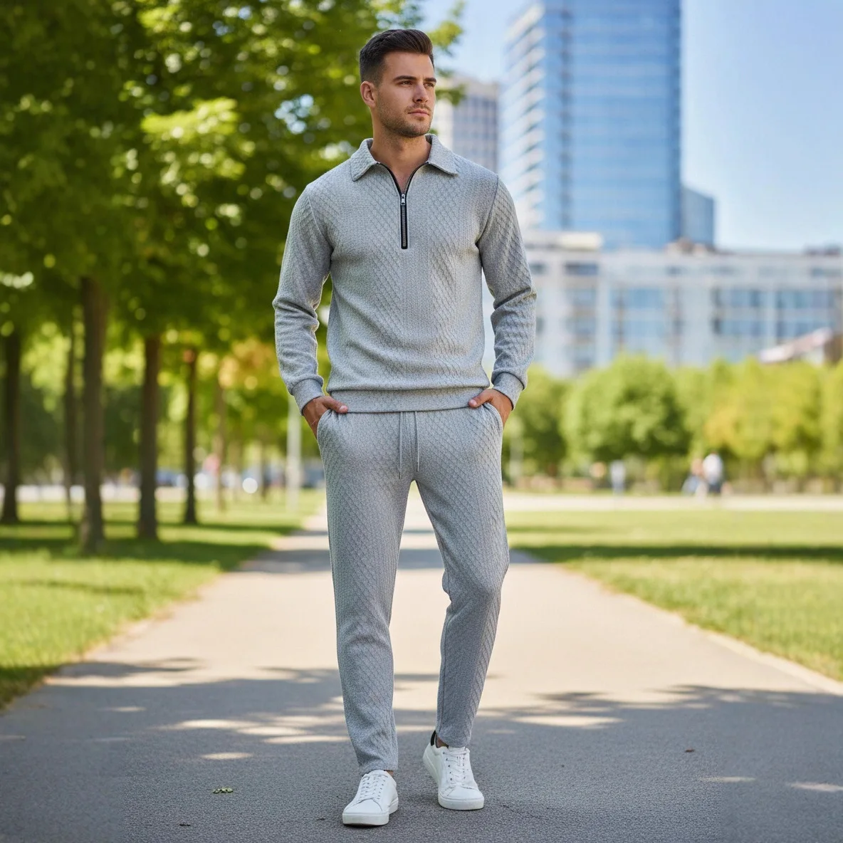 

Autumn/Winter American Retro Heavyweight Long-Sleeved Collared Zipper Men's Loose Fit Men Set