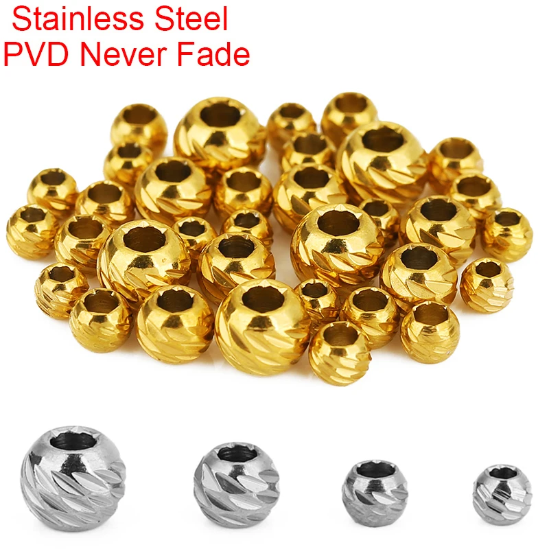 10pcs Round Stainless Steel Necklace Spacer Beads 3 4 5 6 mm Never Fade PVD Large Hole Bracelet Beads For DIY Jewelry Findings