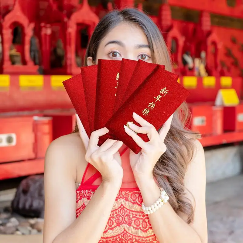 Sobre rojo de dragón de Año Nuevo, bolsa de dinero de la suerte, paquetes de bonificación de boda, 6 piezas, tarjeta de correo temática de dragón, adornos de fortuna