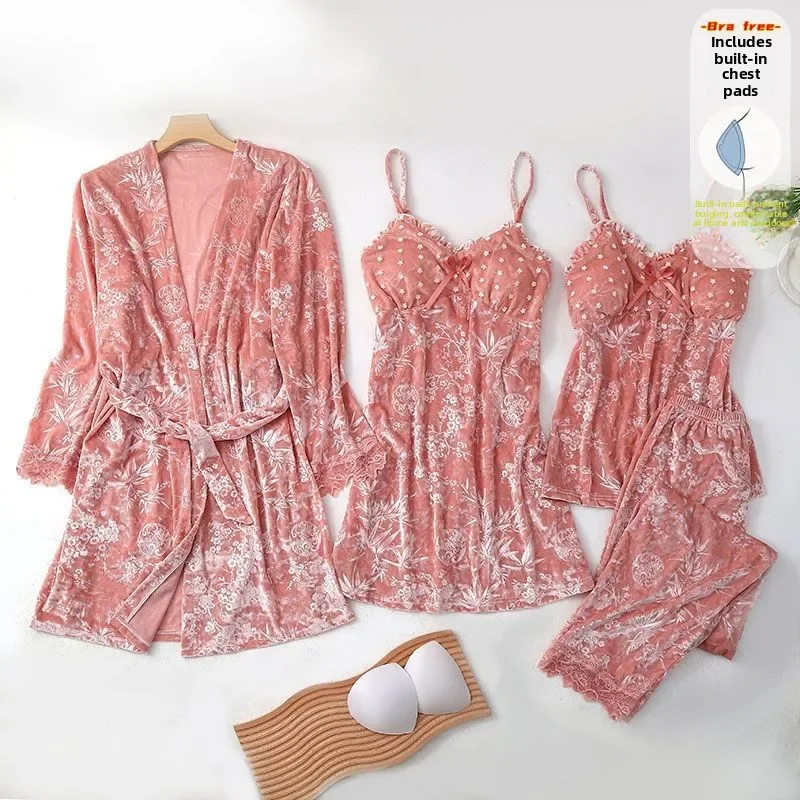 

Sexy Velvet Three-Piece Set Women's Sleepwear with Chest Pad Comfortable Long Sleeve V-Neck Home Leisure Polyester Fabric