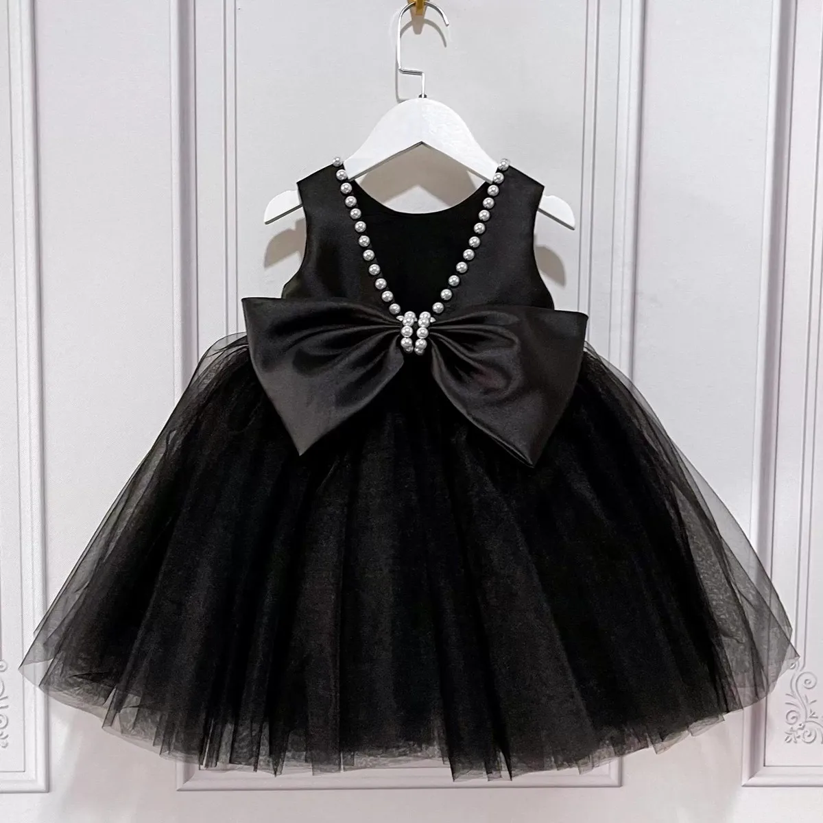 

Bow Design Elegant Party Dresses For Girls Black Backless Tulle Princess Dress Children First Communion Birthday Prom Puffy Gown