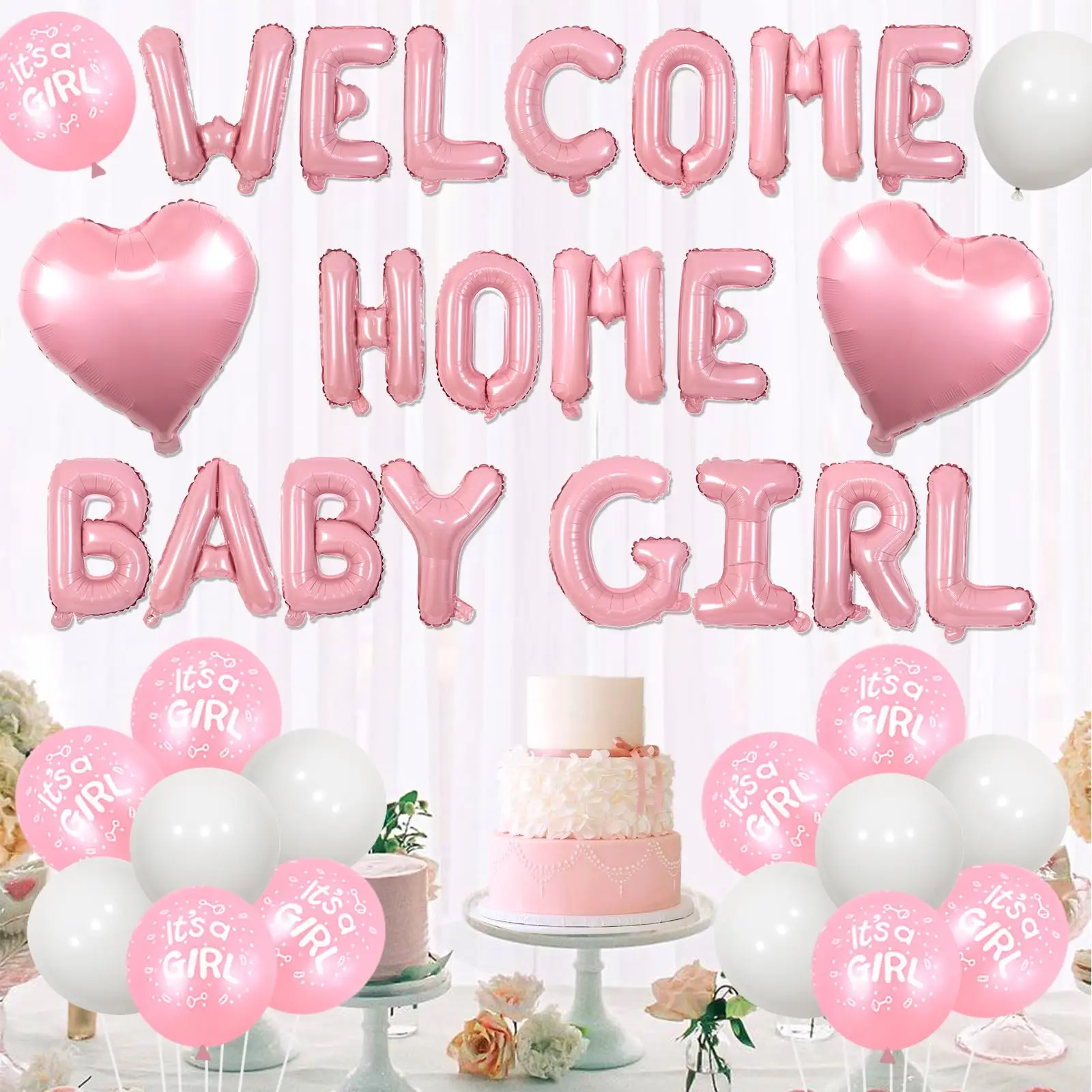 مجموعة واحدة من لافتة ترحيب منزلية لتزيين الأطفال باللون الوردي، إنه بالونات على شكل قلب لعيد ميلاد حديثي الولادة #3
