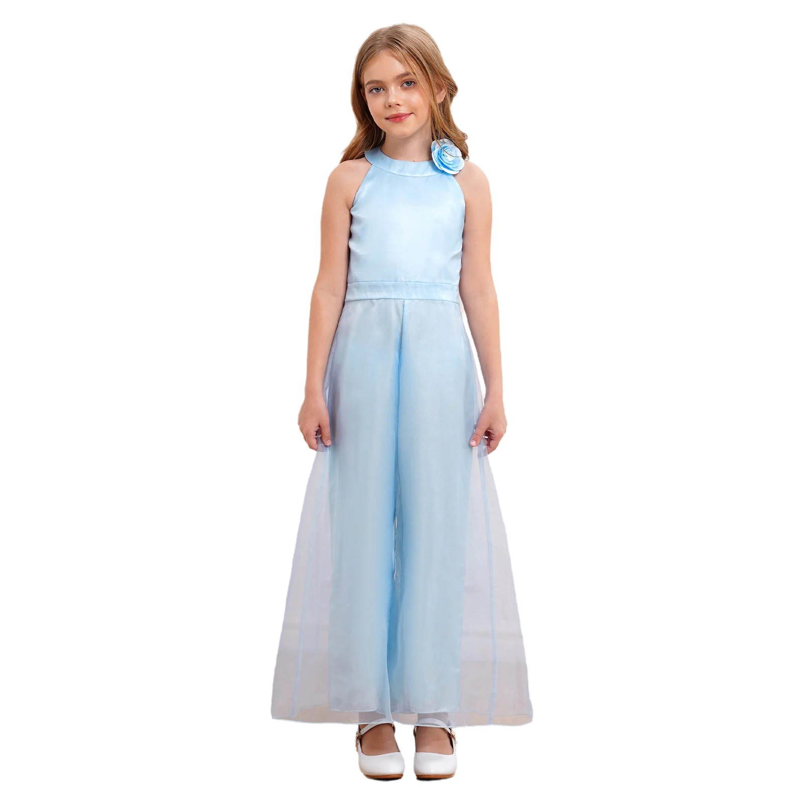 Kids Girls Elegant Party Rompers with Flower Brooch Halter Neck Sleeveless Wide Leg Pants Jumpsuit for Birthday Evenings Gown