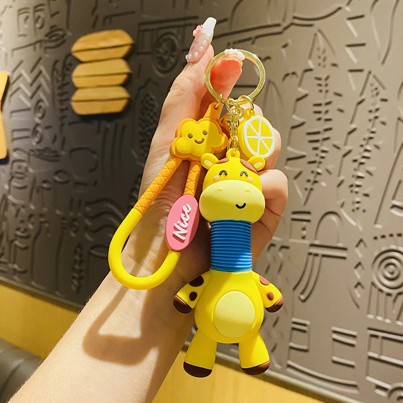 Creative Retractable Spring Toy Giraffe Doll Key Chain Nice Cloud Lemon Pendant Long-necked Deer Animal Keyring Girl Bag Trinket