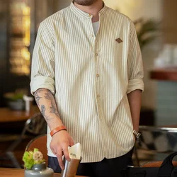 Maden-camisas de rayas finas verticales Retro para hombres, 100% algodón, cuello de banda, blusas de manga larga, tío Fu, camisa de béisbol suelta, chaqueta