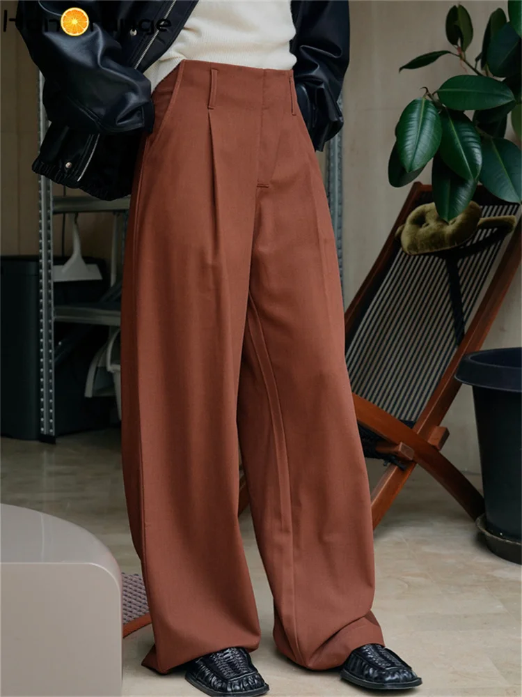 HanOrange 2024 Spring Slant Front High Waist Straight Pants Women Loose Casual Trousers Female Black/Dark Red