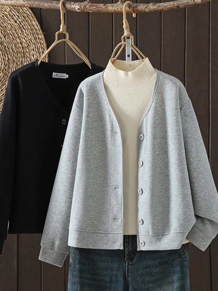 

Pure Color Casual Cotton Sweatirt ort Jaet Women's Autumn Loose Fit Long Sve V-Ne Small Size Layering Top