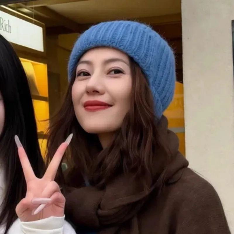 

Blue Womens Temperament Versatile Warm Simple Knitted Scarf Hat Integrated Set