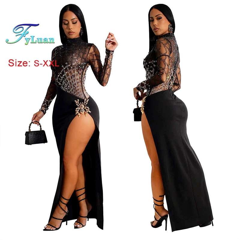 Robes 2025 nouvelle femme diamant chaud Sexy découpe à manches longues fentes robe de soirée Occasion formelle fête soirée cérémonie fille robe