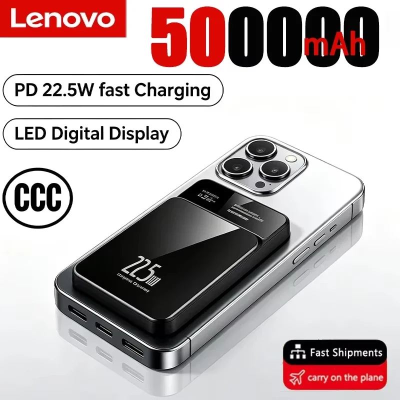 Lenovo New PD22.5W Fast Charging External Battery Large Capacity 500000mAh Magnetic Wireless Power Bank For iPhone Samsung