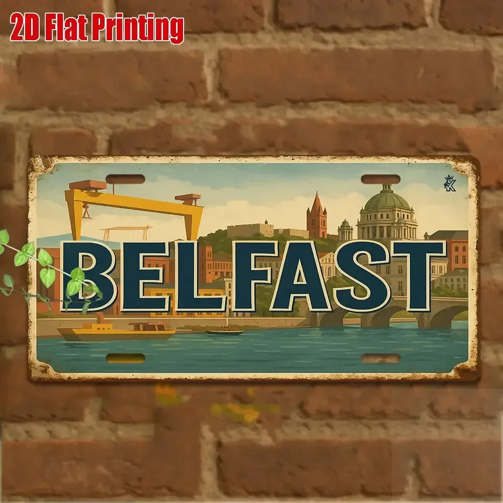 Placa de pared de metal 2D plana, 1 pieza, Belfast, Irlanda del Norte - Letrero de aluminio retro de temática irlandesa de 11