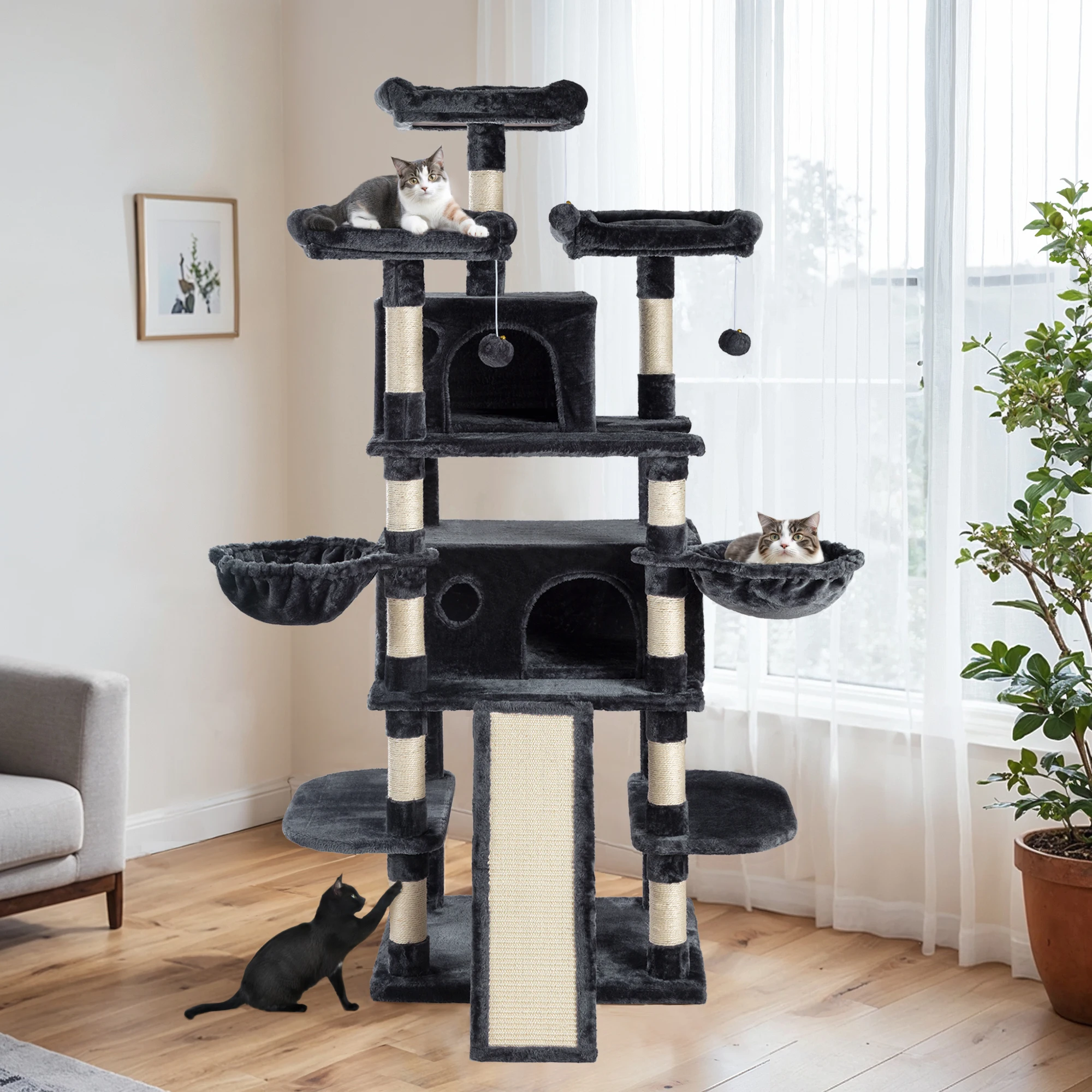 68-Inch Multi-Level Cat Tree Tower for Large Cats/Cat Condo/Cozy Plush Cat Perches/Sisal Scratching Posts/Baskets