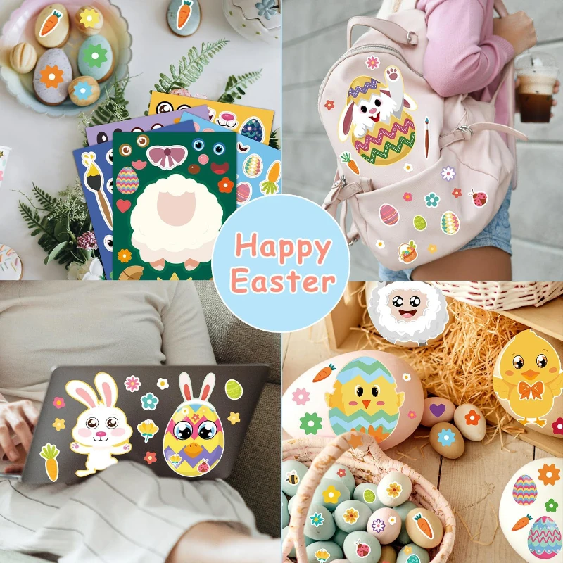 Partita di Pasqua creativa Crea un viso Adesivi Fogli per bambini Uova di Pasqua fai da te Coniglietto Agnello Pulcino Puzzle Adesivi Cestino Stuffers Regalo