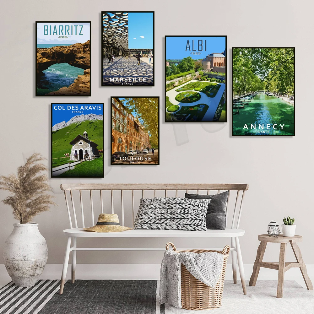 Marseille – Old Port, Annecy River, Bajonne, Dunes of Pyla, Biarritz Ocean, Toulouse, Annecy Pont, Albi, Paris Reiseposter