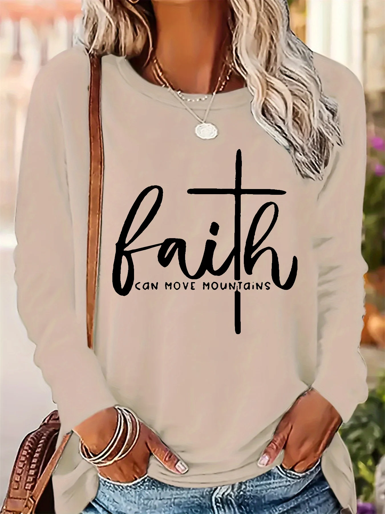 Primavera e outono feminino 100% algodão puro moda casual solto carta padrão impresso em torno do pescoço manga comprida camiseta topo