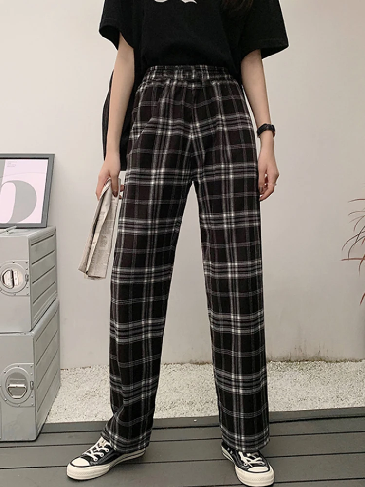 JMPRS Vintage Plaid Pants Women Casual Loose Wide Leg Trousers Ins Retro Teens Straight Trousers Hip-hop All Match Streetwear