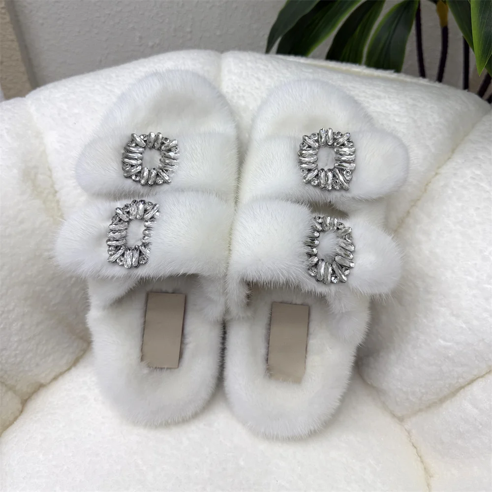 Echte Nerzfell-Damen-Slipper mit doppeltem Riemen, glänzender Strass-Schnalle, luxuriöse, flauschige Sandalen, warme Winter-Hausschuhe für drinnen und draußen, flache Schuhe – Detail 7
