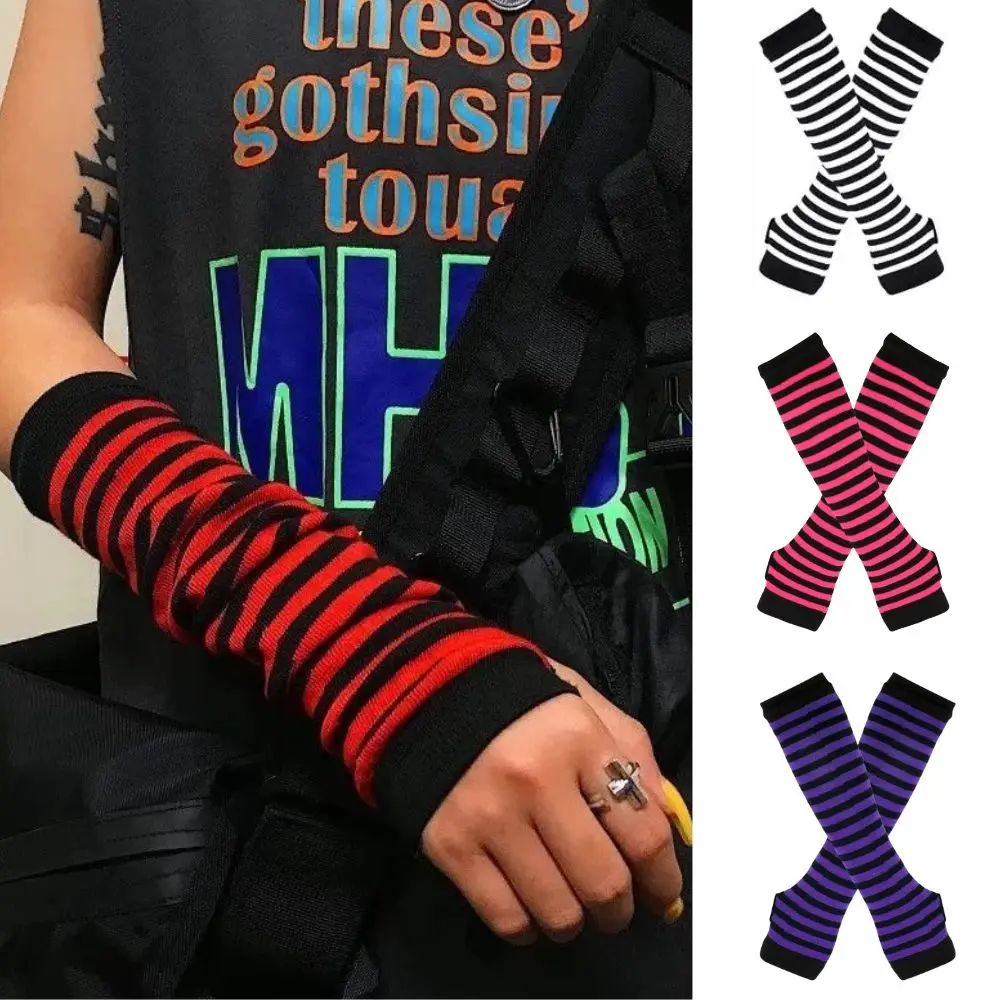 Fashion Women Striped Elbow Gloves Y2K Warmer Knitted Long Fingerless Gloves Christmas Gifts Classic Black And White Wristband