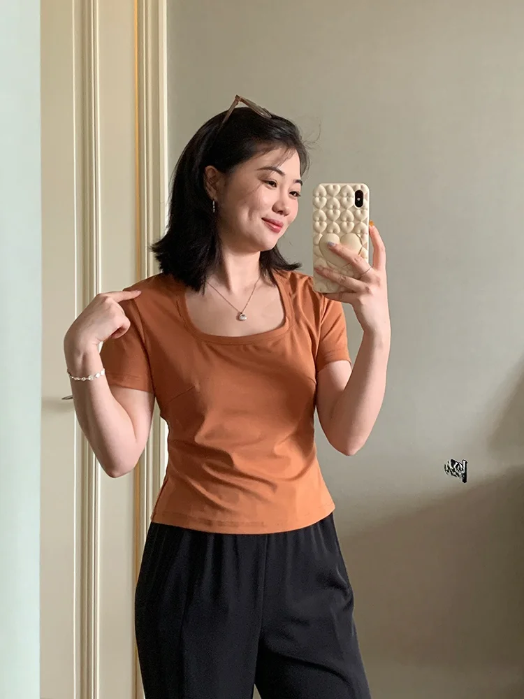 

Comfortable ort Silk oulder Baring Square Collar Orange Soda Drink T-irt Women's Casual Sle Breathable Summer Top