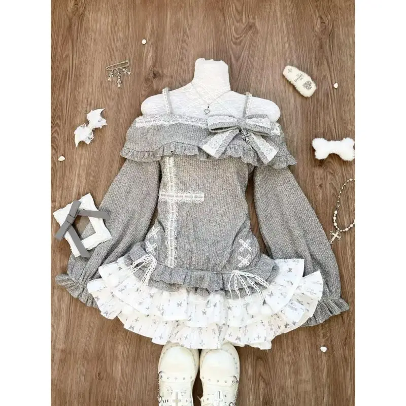 Y2k Two Pieces Set Aesthetic Off Shoulder Sweet Lace Cross Chic Bow Women Tops + Korean High Waist Butterfly Print Cake Skirts