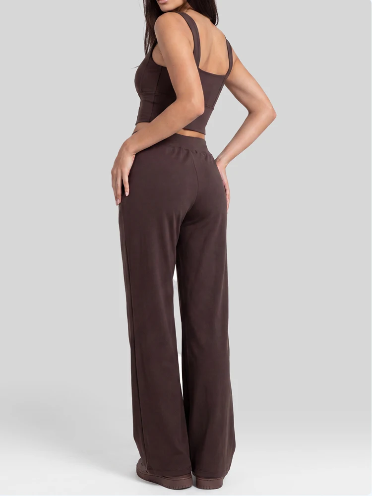 VITALINOVO Women 2 Piece Workout Sets Longline Padded Sports Bra Yoga Gym Matching High Waisted Wide Leg Sweatpants with Pockets