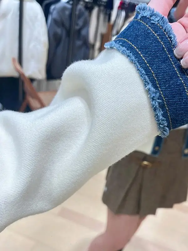 Early Spring Faion College Sle Knitted ort Jaet Color Blo round Ne Fur Trimmed Denim Outerwear Women's Knitwear