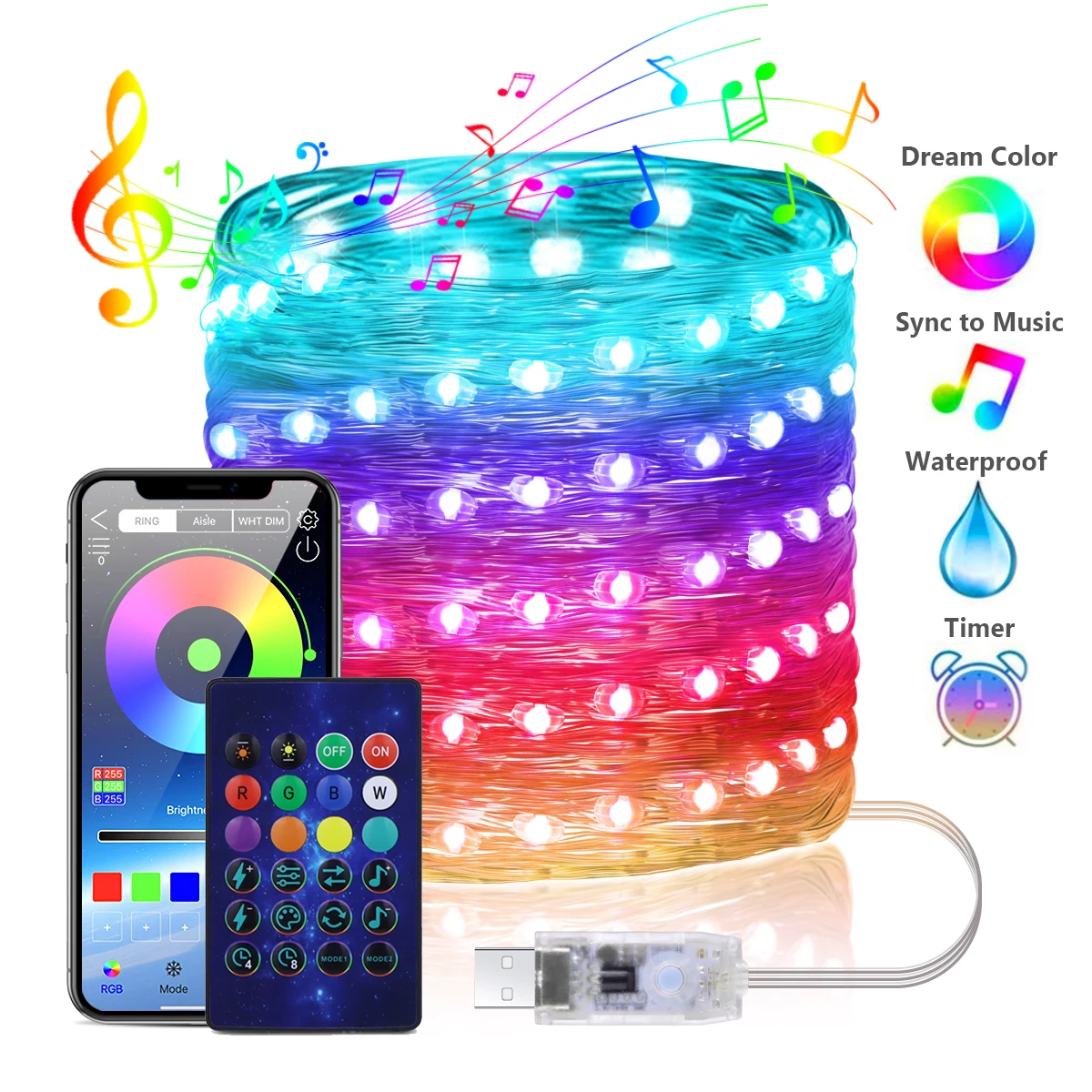 

WS2812B RGBIC LED String 20m 10m 5m USB Fairy Lights Dreamcolor DIY Smart IC APP Bluetooth Remote Festival Tree Lights Garland