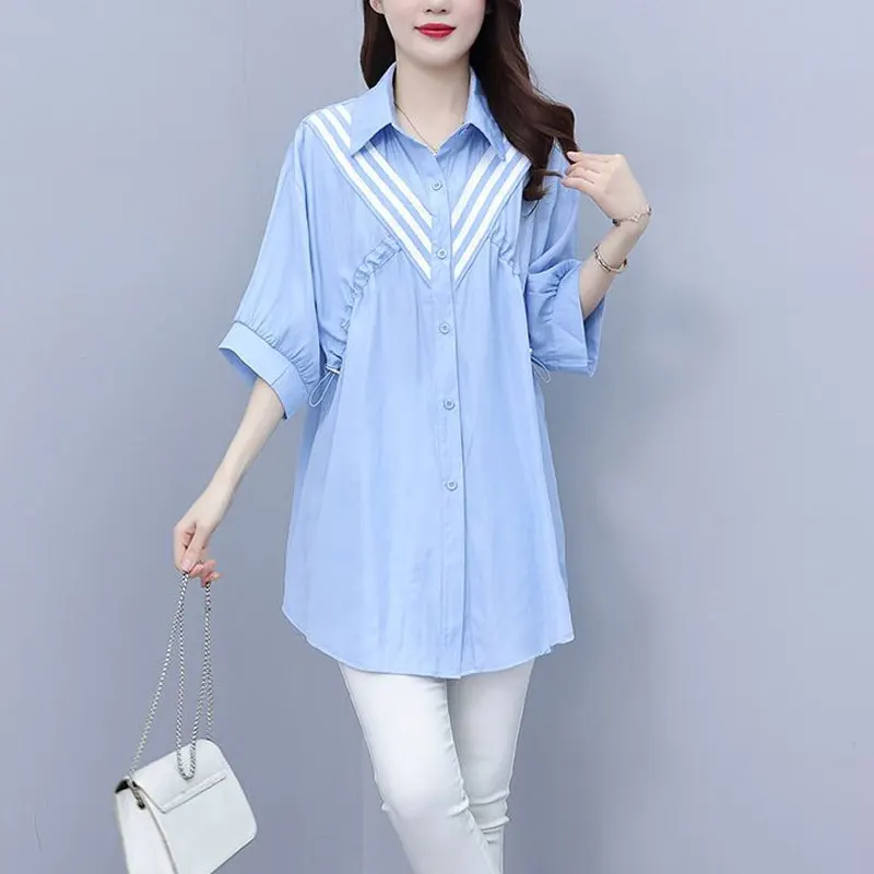 

Female Clothing Striped Patchwork Shirt Commute Single-breasted Summer Fashion Shirring Casual Half Sleeve Basic Lapel Blouse