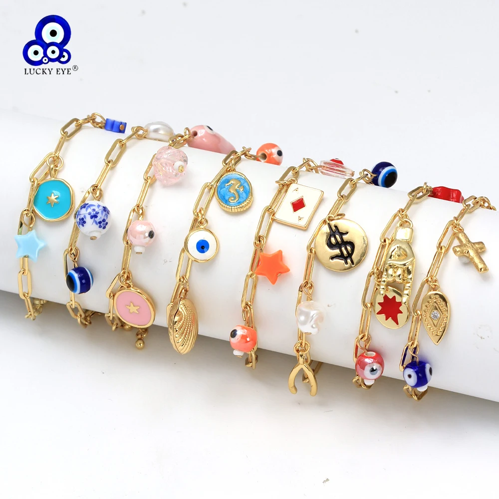 

Lucky Eye Fatima Hand Heart Star Turkish Evil Eye Charm Bracelet Copper Adjustable Link Chain Bracelet for Women Men Jewelry