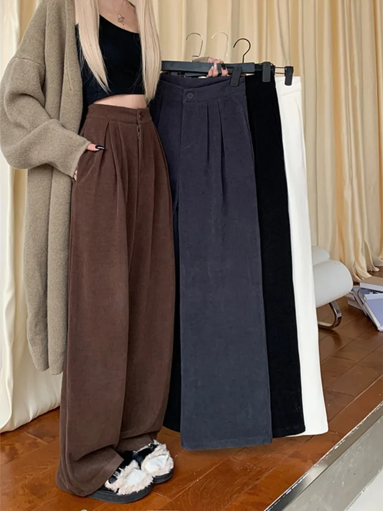 Pantalones de traje de sensación caída para mujer, pantalones informales de cintura alta, ajustados y sueltos, de pierna ancha, sólido color gris y blanco, Otoño, 2023