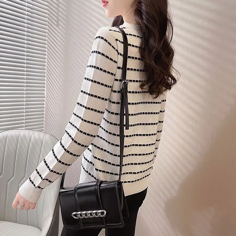 Spring Autumn Women\'s Clothing Long Sleeve Round Neck Pullover Striped Sweater Knitted Casual Screw Thread Office Lady Tops