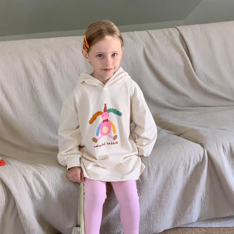 

Girls' Outfit Spring New Children's Clothing Girl's Hooded Mid-Length Bunny Sweatshirt Dress Pink Leggings