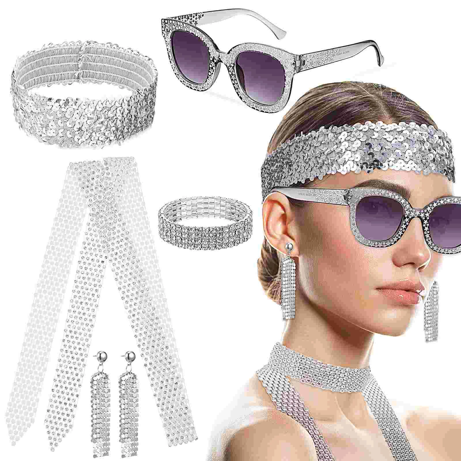 

70s Disco Accessories Set (Set of 5) White Headbands for Women Jewelry Kit Earrings Hair Metal Costume Miss