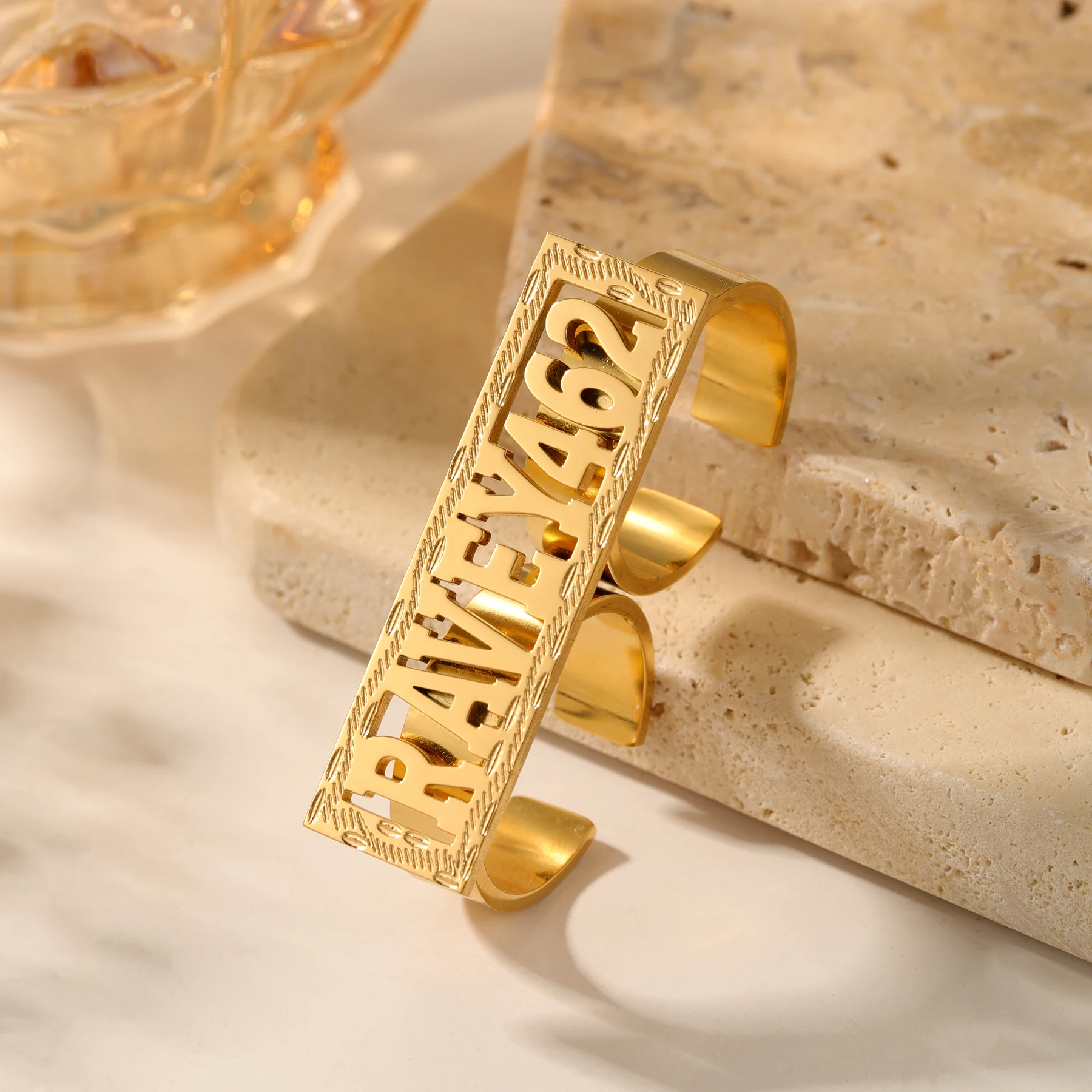Zciti Custom Name Ring Personalized Wide Band 18K Gold Plated Stainless Steel Engraved Plate Men Women Punk Jewelry Specail Gift