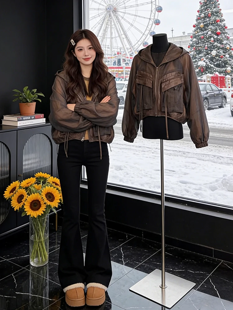 

Дышащая короткая женская солнцезащитная куртка в американском стиле с капюшоном, новинка весеннего сезона, стильная и привлекательная