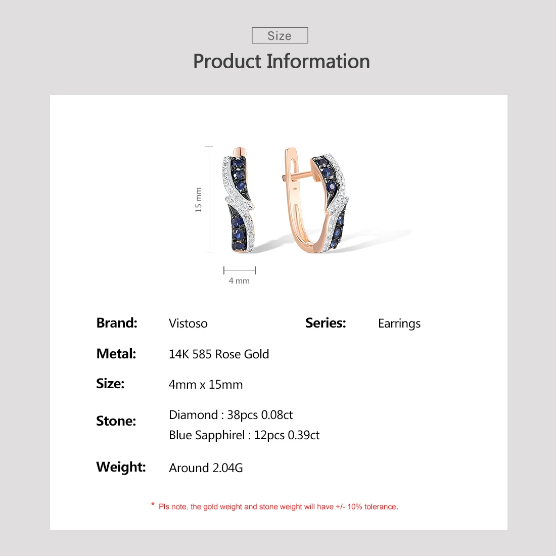 VISTOSO Genuine 14K 585 Rose Gold Latch Back Earrings For Women Blue Sapphire Diamond Classic Wedding Fine Fashion Jewelry