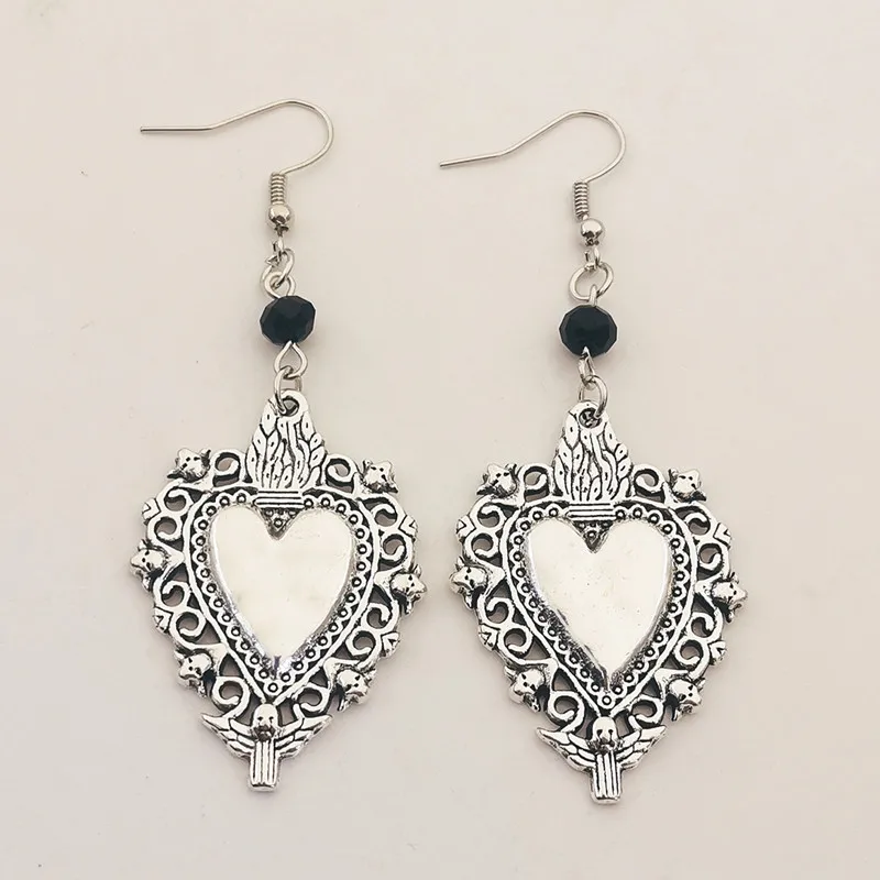 1pair Silver Plated Small Sacred Heart Cross Earrings DIY Retro Christian Jewelry Crafts For Mom's Gift Milagro Dangle