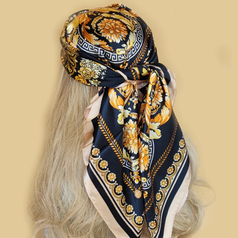 90*90 سنتيمتر الأوشحة الحريرية النساء طباعة Foulard الساتان ساحة رئيس الحجاب السيدات الفاخرة العلامة التجارية شال باندانا الإناث الخمار الشيفون التفاف