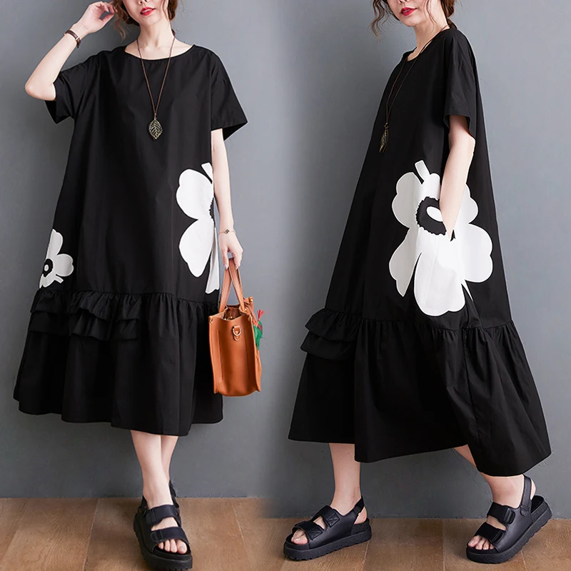 

Женское платье трапециевидной формы с цветочным принтом больших размеров ort Sve round Ne Ruffle Hem Splice Belly Cover Long Summer Dr