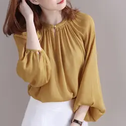 Fashion Crew Neck Lantern Sleeve Spring Autumn Oversized Chiffon Blouse Loose Casual Long Sleeve Commute Women's Clothing Shirt
