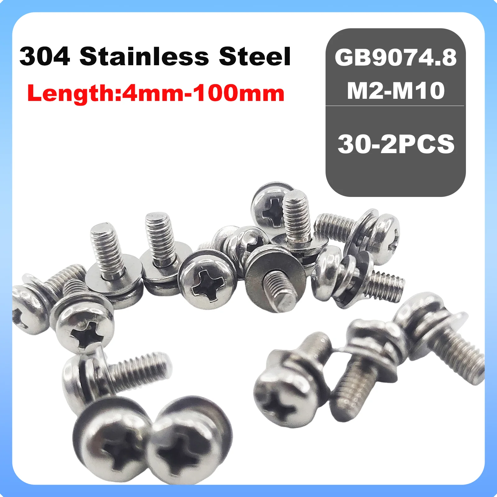 

GB9074.8 304 Stainless Steel Phillips Cross Recessed Pan Head Screw Set Spring Washer Plain Gasket Combination M2 M3 M4 M5 M6 M8