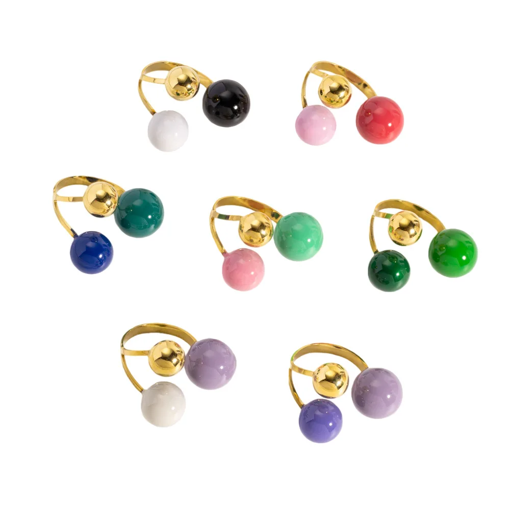 Geometrischer Kugelförmiger Edelstahl-Ring mit Goldüberzug für Damen, Trendiger Offener Ring mit Drei Farbigen Emaille-Tropfenformen – Detail 4